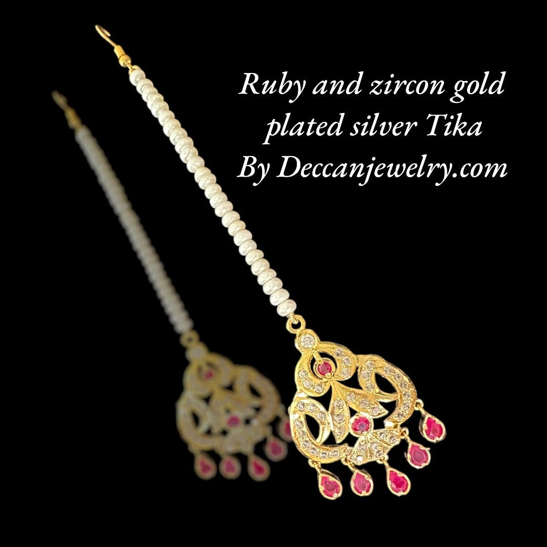 Ruby and zircon gold plated silver tika ( SHIPS IN 5 WEEKS )