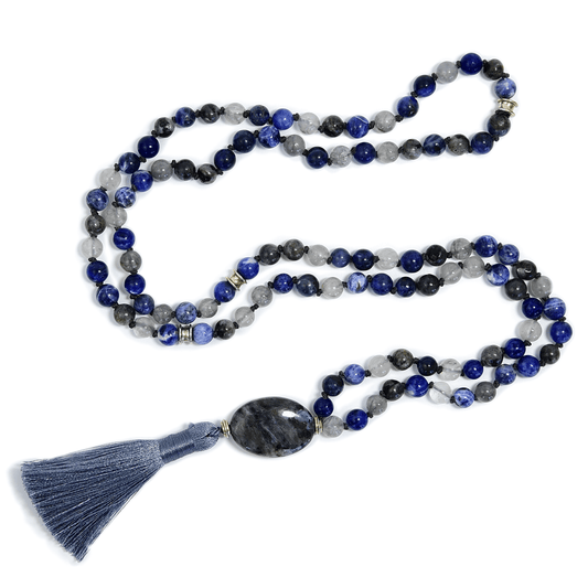 Emotional Balance Meditation Mala – 108 Beads of Sodalite & Larvikite