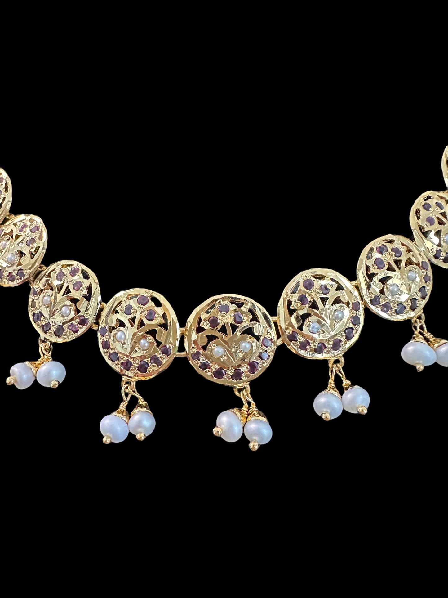Garnet  necklace set with fresh water pearls - gold plated silver ( READY TO SHIP )