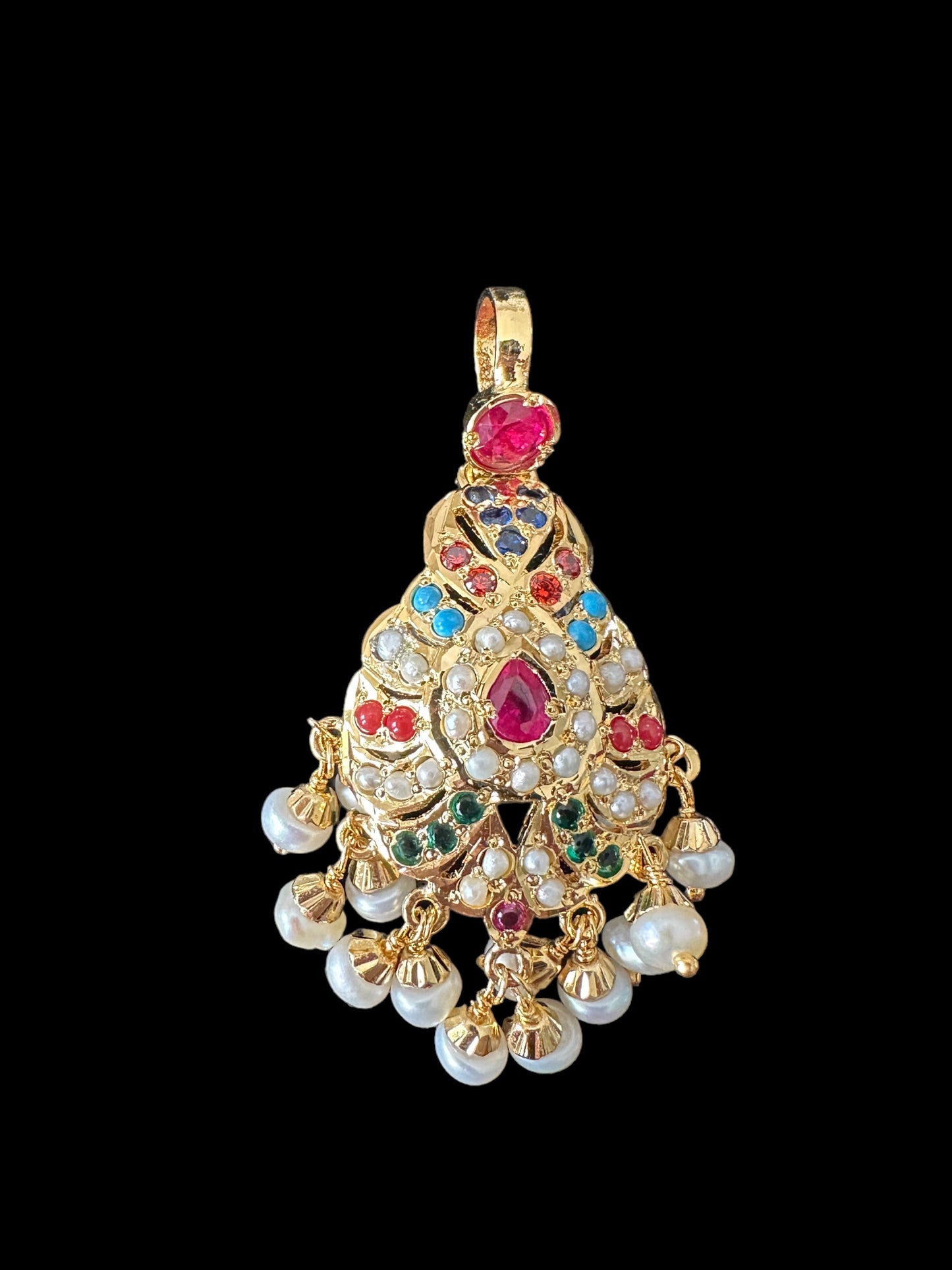 Navratan Gold-Plated Silver Pendant Set with Freshwater Pearls ( READY TO SHIP )