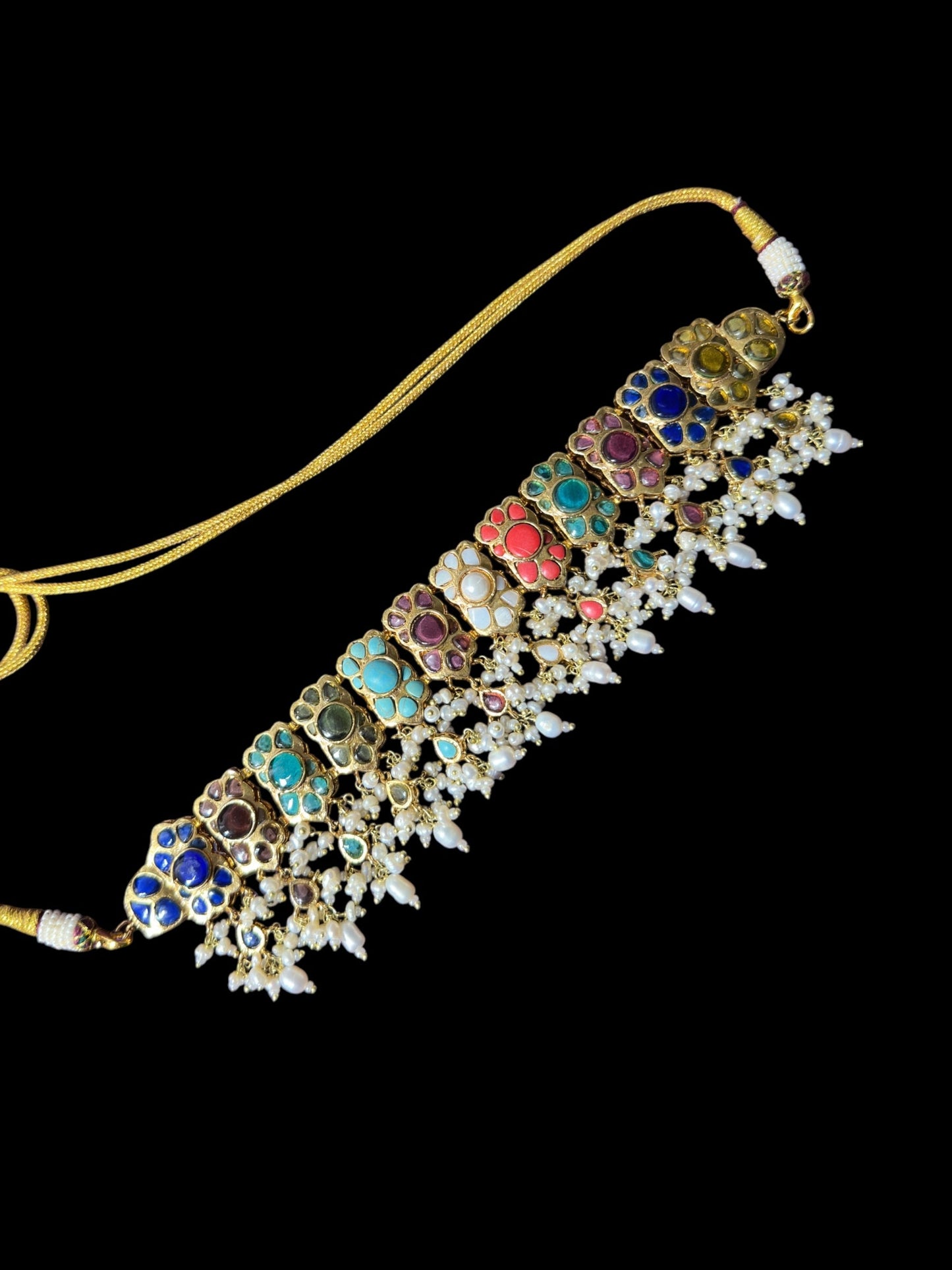 C547 Navratan bridal choker earrings set in fresh water pearls ( READY TO SHIP )