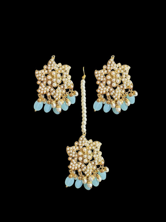 DJET64 Iza Jadau tops and tika set in pearls with mint blue beads ( READY TO SHIP )