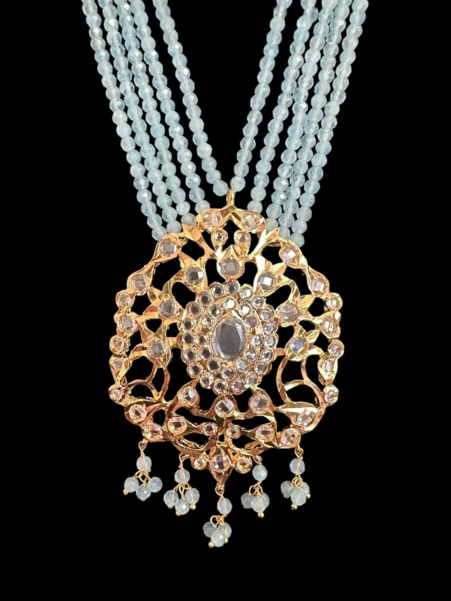 DLN123 Himah long necklace with earrings in real aquamarine beads ( SHIPS IN 2 WEEKS )