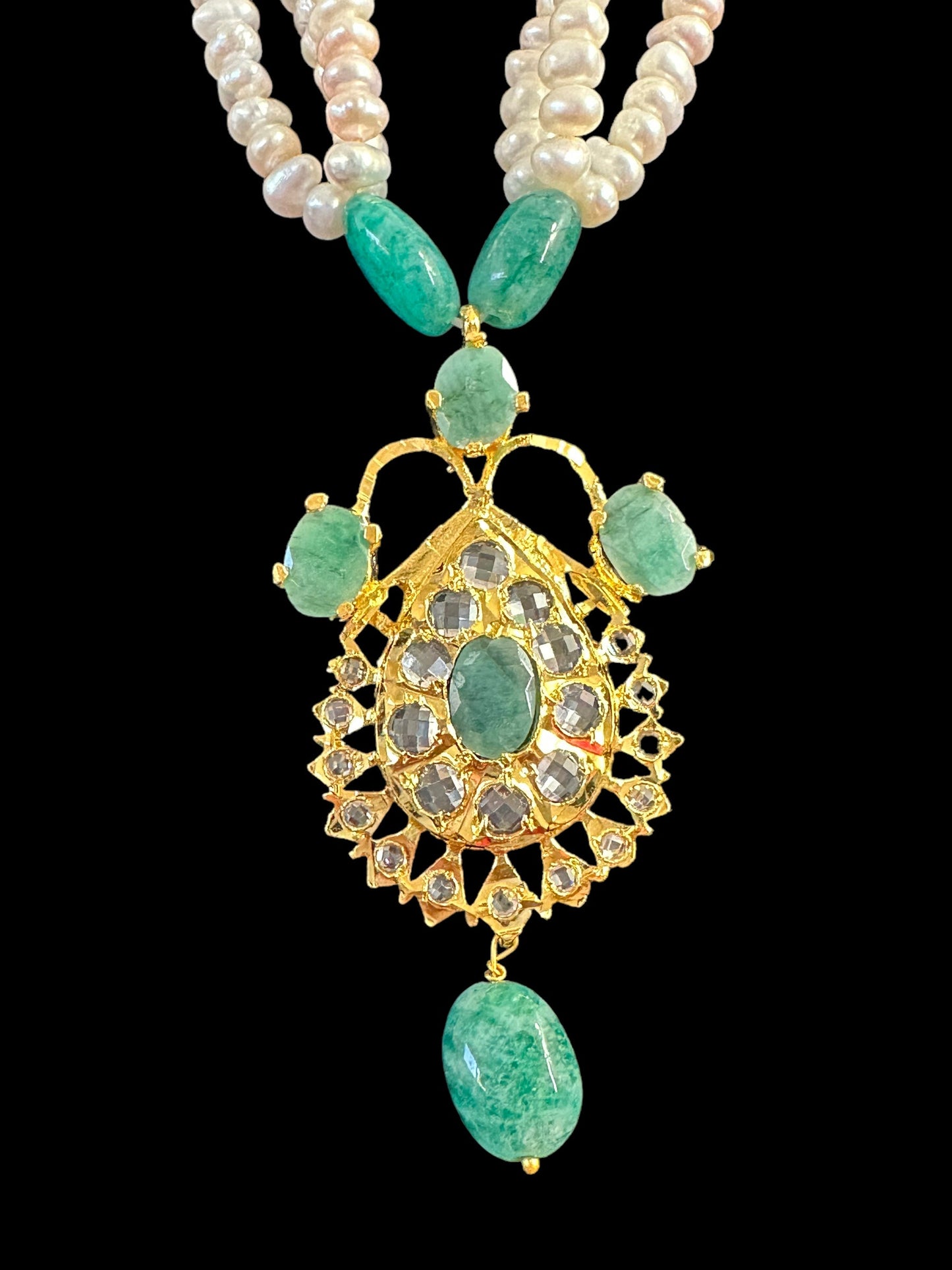 PS491 Hyderabadi Jugni in freshwater pearls and emerald (SHIPS IN 4 WEEKS)