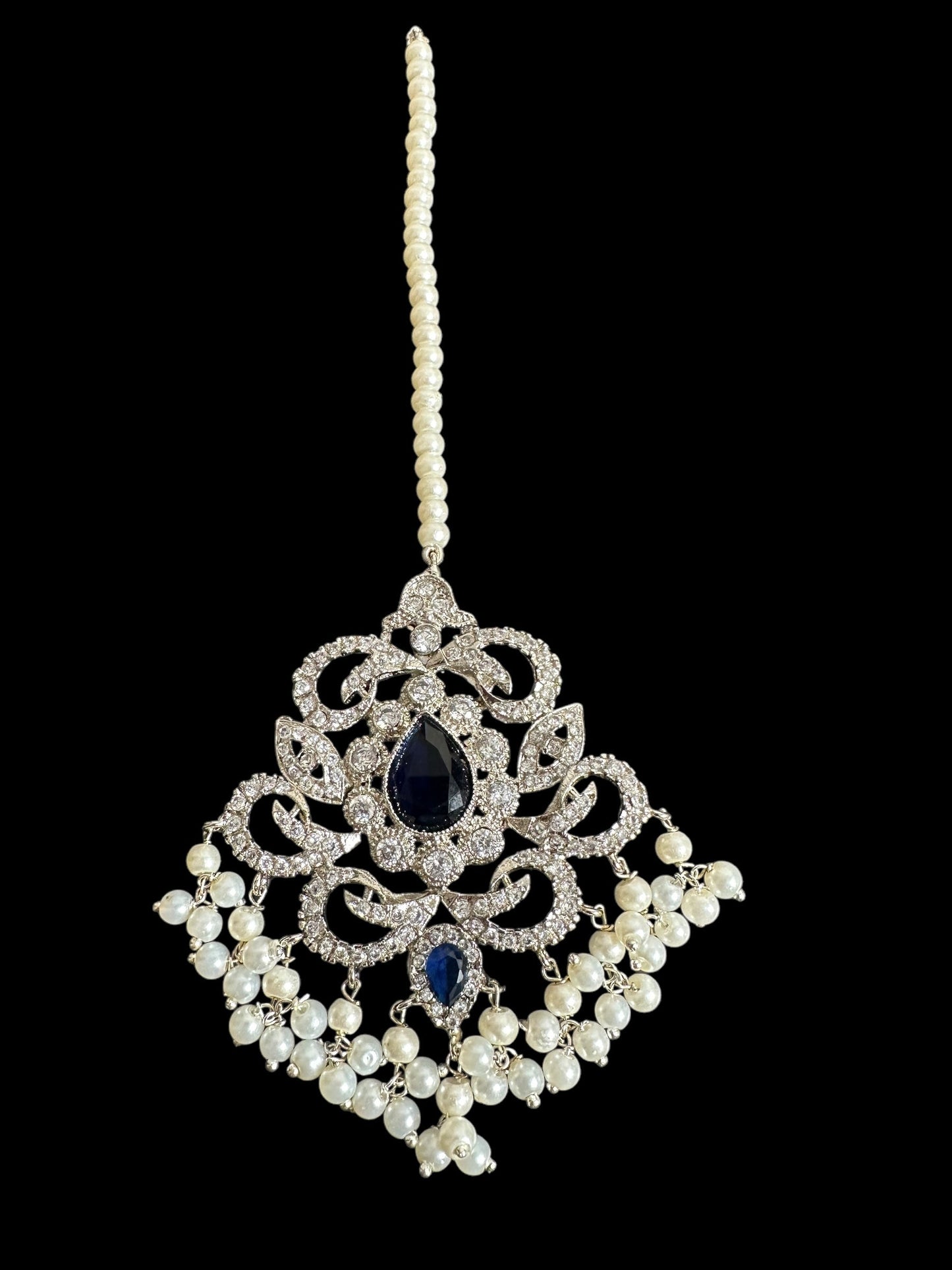 DJET74 Raaga zircon earring tika set in blue with silver plating ( READY TO SHIP )