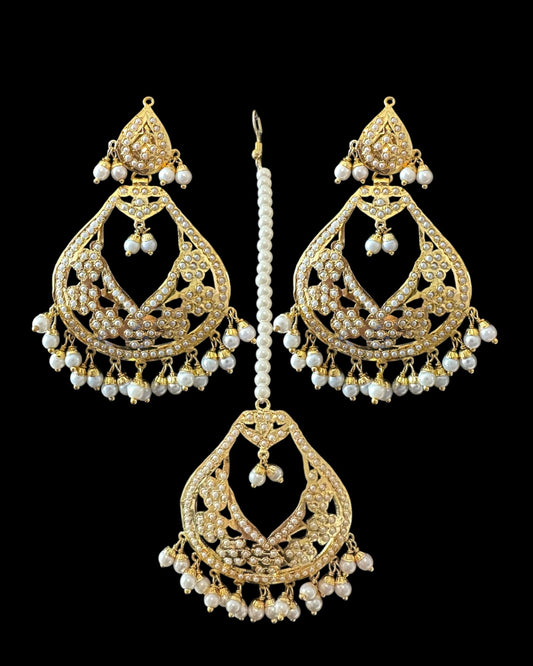 DJET77 Jadau chandbali earrings tika in pearls ( READY TO SHIP )