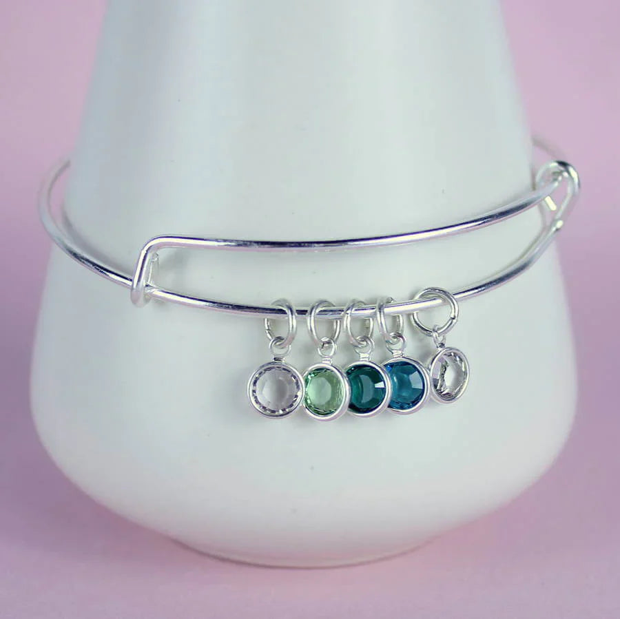 Family Name Birthstone Bangle – Adjustable Stainless Steel with Initial & Swarovski Drops