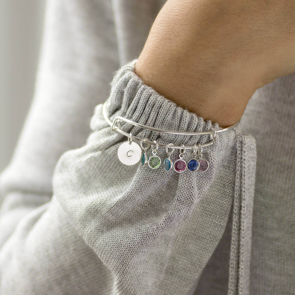 Family Name Birthstone Bangle – Adjustable Stainless Steel with Initial & Swarovski Drops