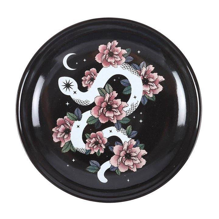 Snake & Flower Celestial Trinket Dish - Mystical White Serpent & Pink Flower Jewelry Holder, Gothic Home Decor & Witchy Accessories