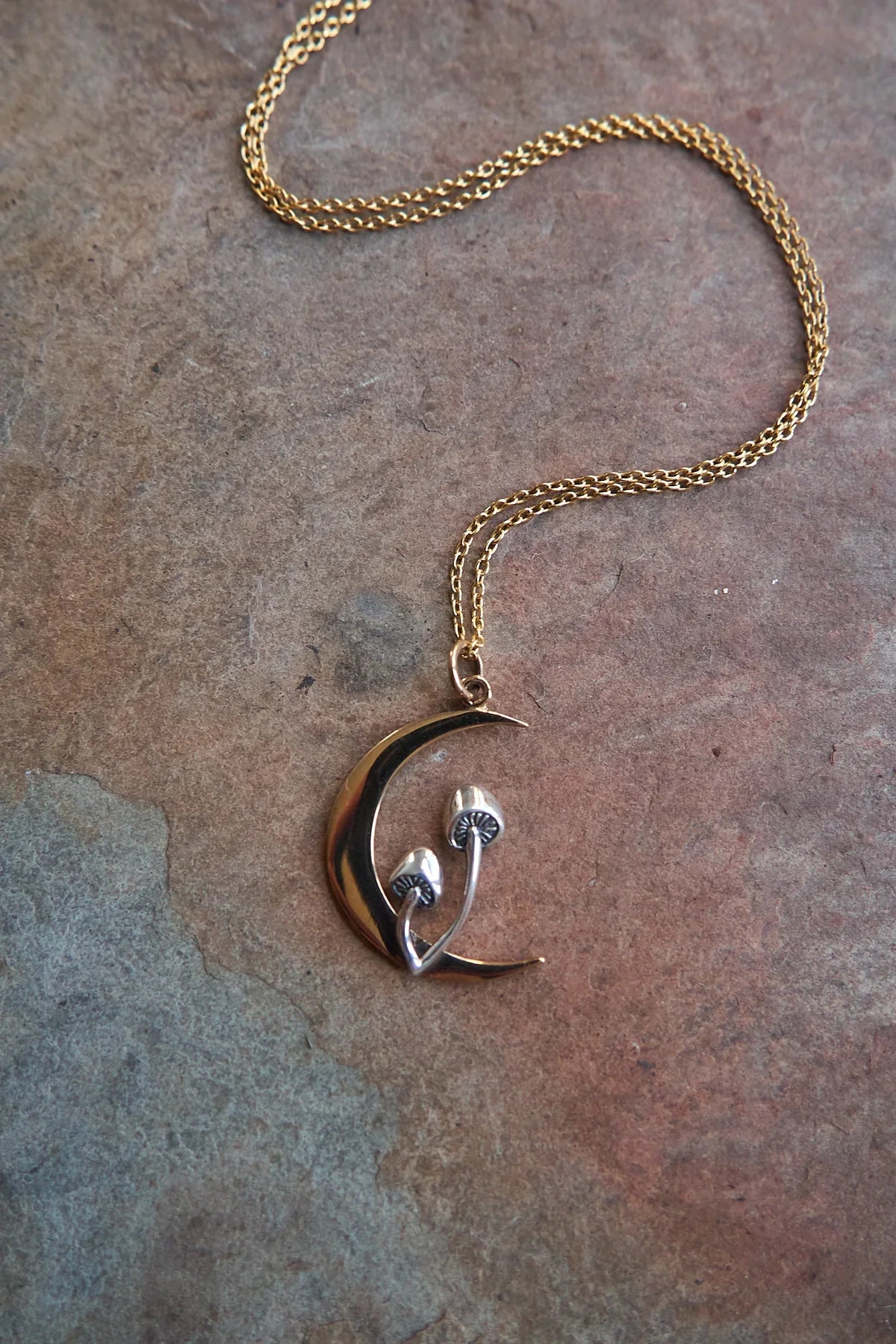 Forager Mushroom Moon Necklace – Sterling Silver & Bronze Pendant, 18" Gold Filled Chain, Handmade in Raleigh