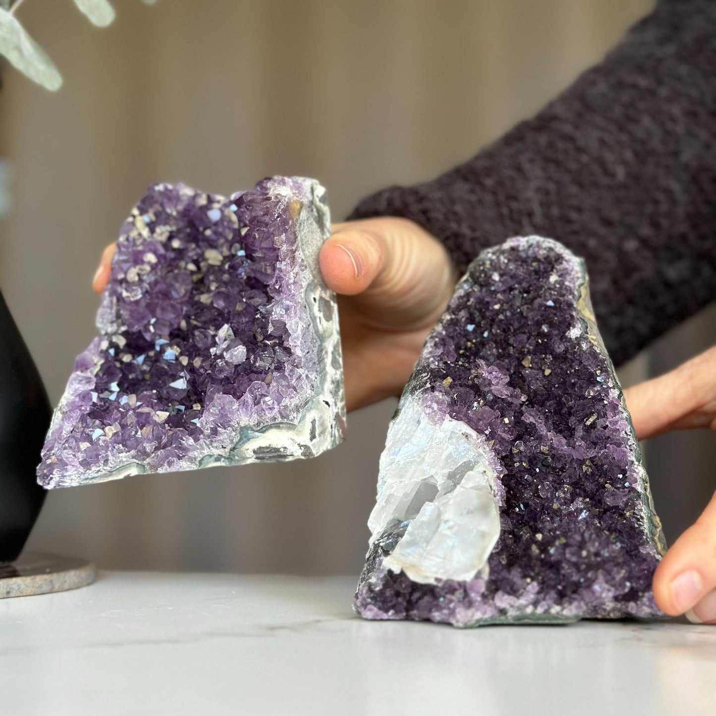 Colorful crystal amethyst set with 2 pieces, deep purple and calcite formations