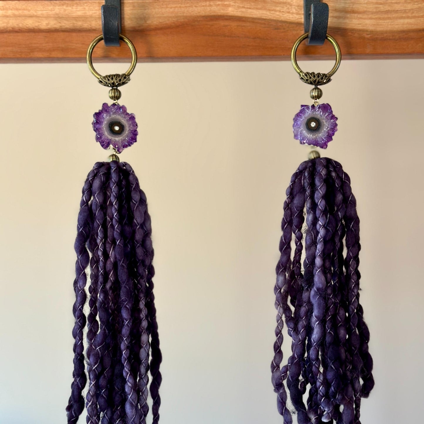 Amethyst Stalactite and Merino Wool Garland, Door knob tassel, Wall Hanging, multiple uses crystal gift