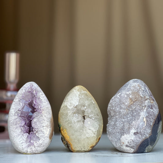 Sugar Crystal Egg set with 3 pieces, Natural cave shaped polished stone, decorative collectors unique pieces