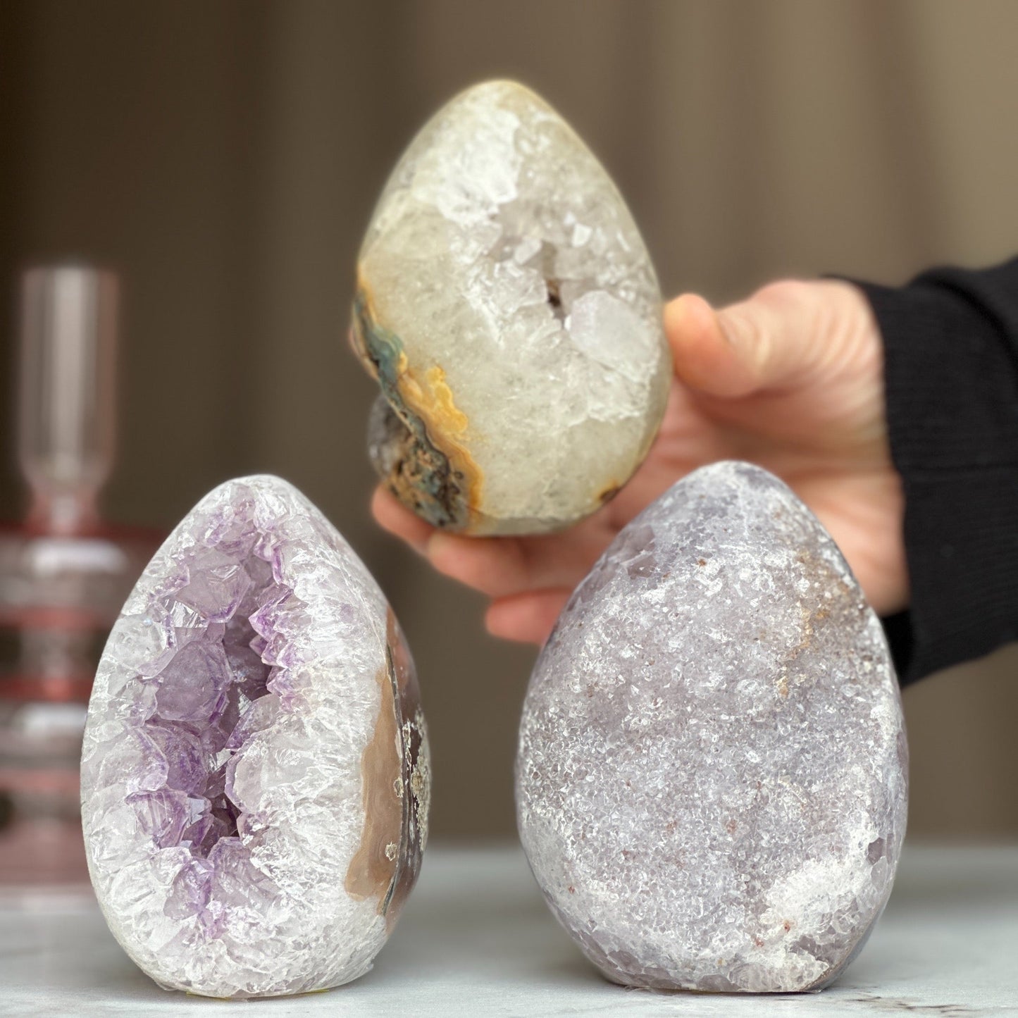 Sugar Crystal Egg set with 3 pieces, Natural cave shaped polished stone, decorative collectors unique pieces