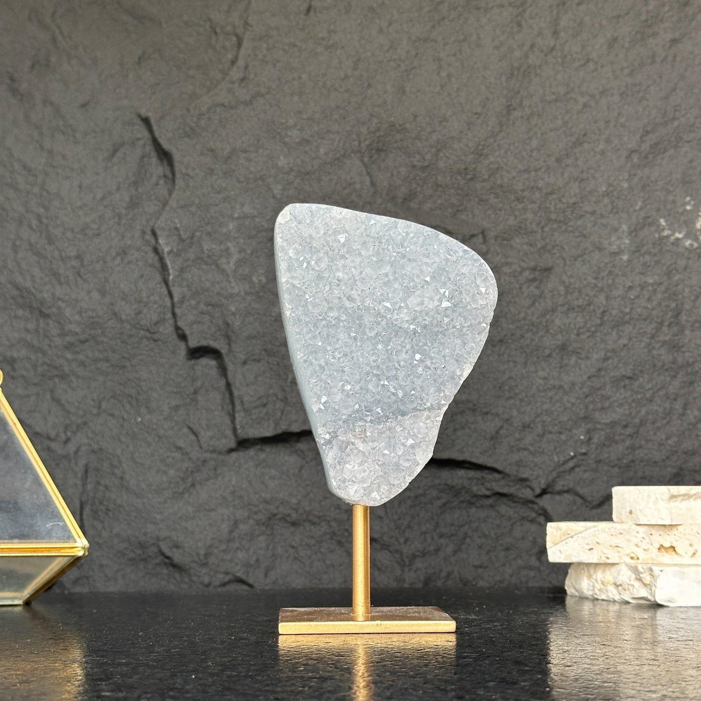 White quartz on stand, Geode with metallic base included for home decoration