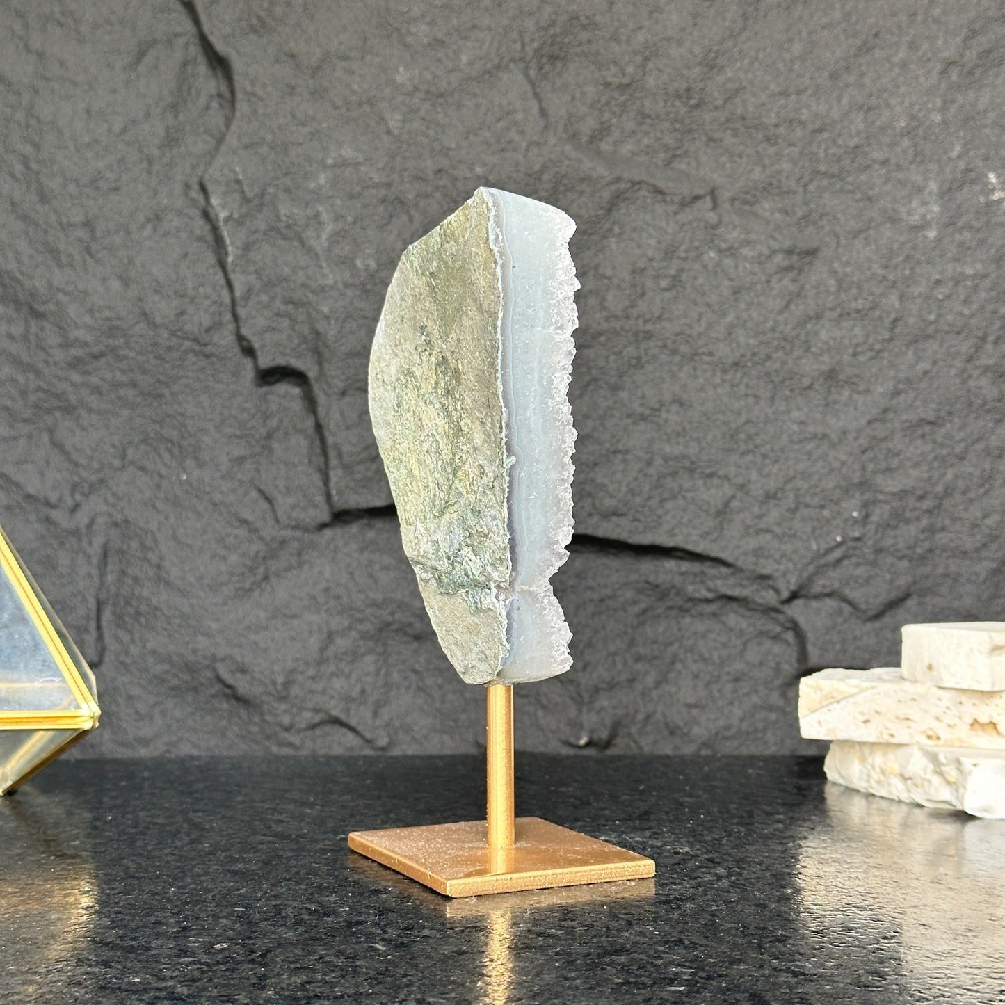 White quartz on stand, Geode with metallic base included for home decoration