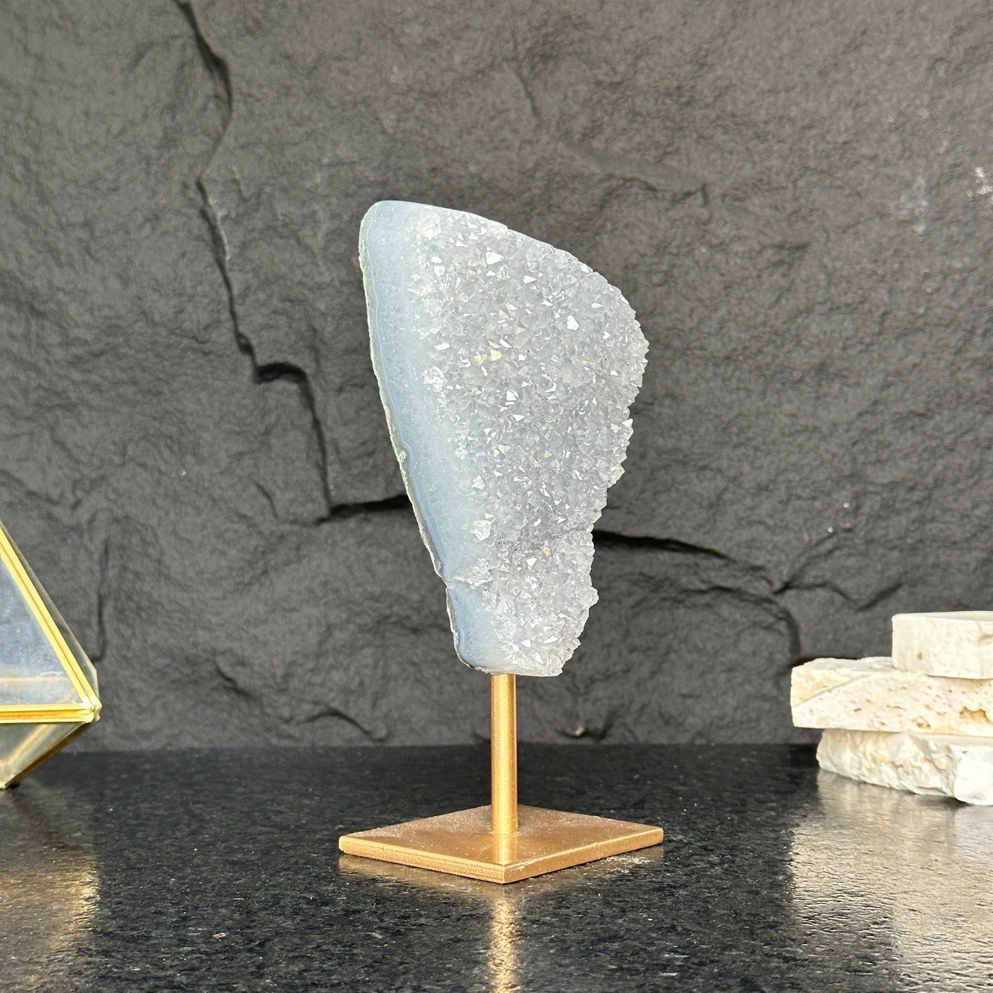 White quartz on stand, Geode with metallic base included for home decoration