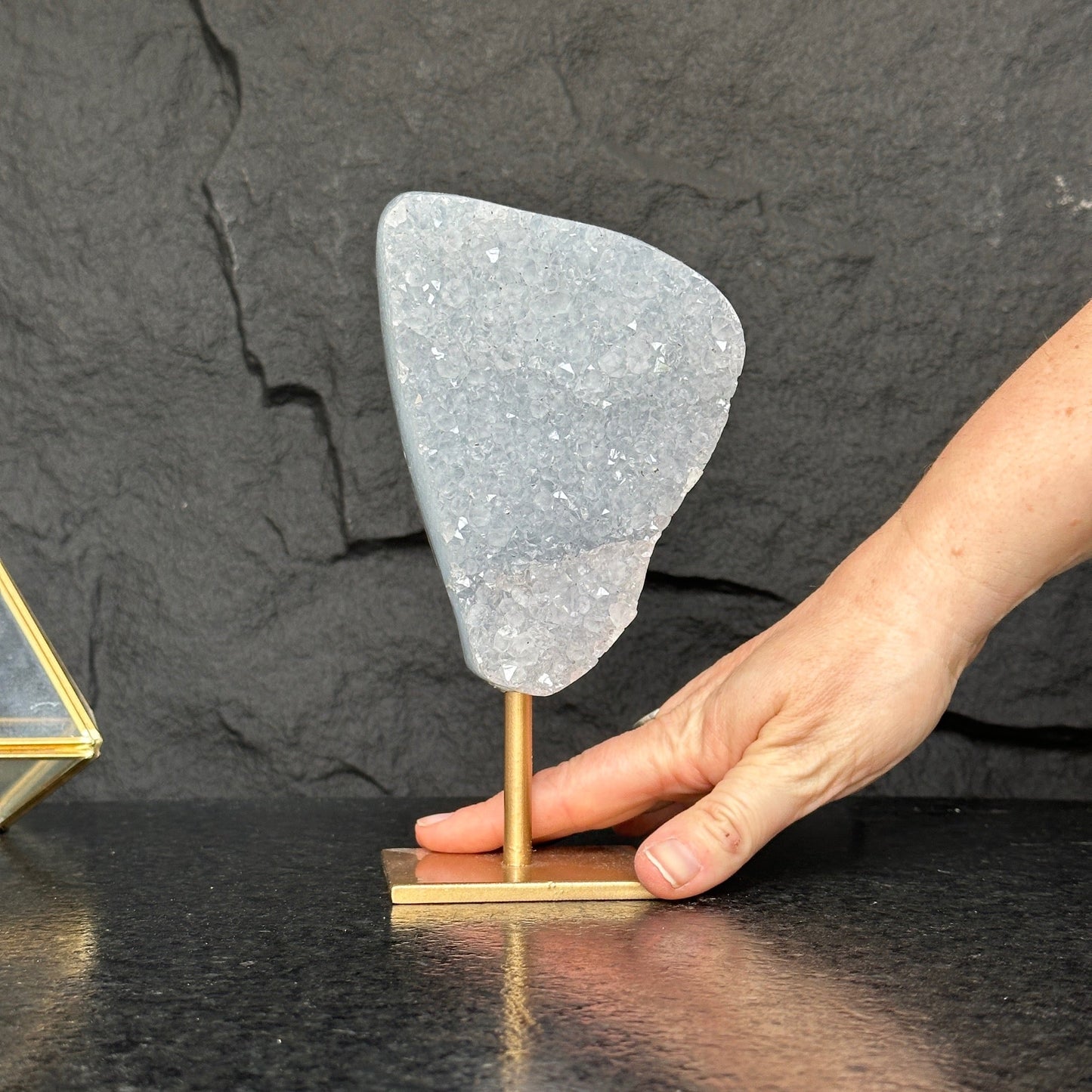 White quartz on stand, Geode with metallic base included for home decoration