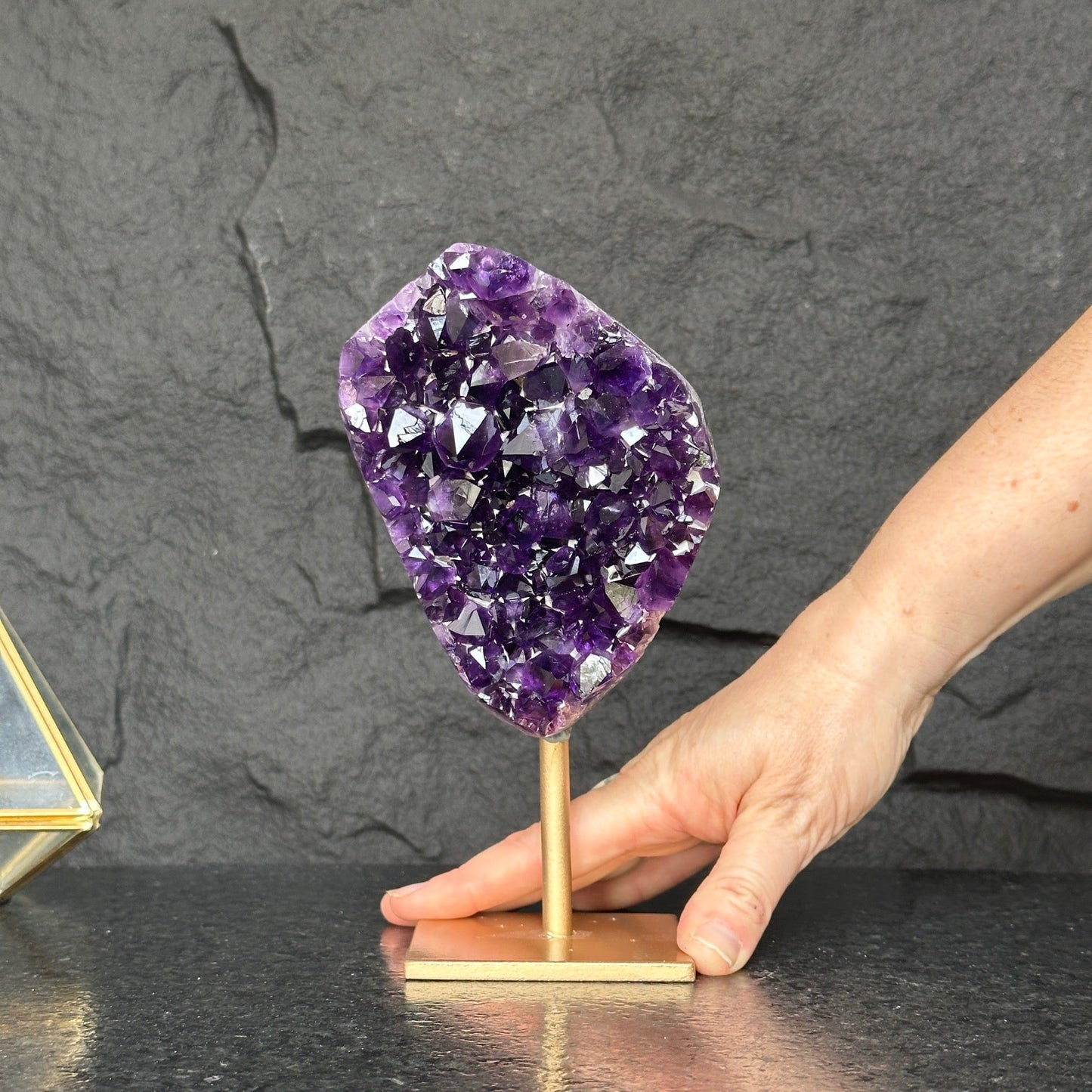 Natural Amethyst Geode, Galaxy Crystal on Metal Stand