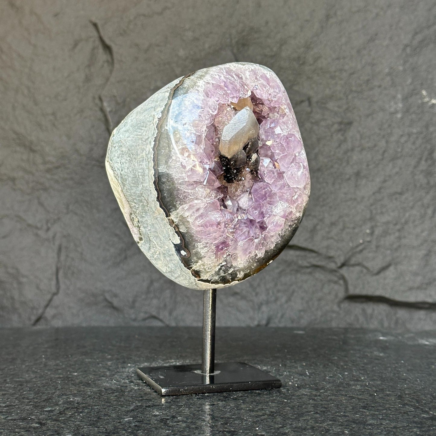 Amethyst Geode with Stand for collectors, A quality amethyst stone from Uruguay