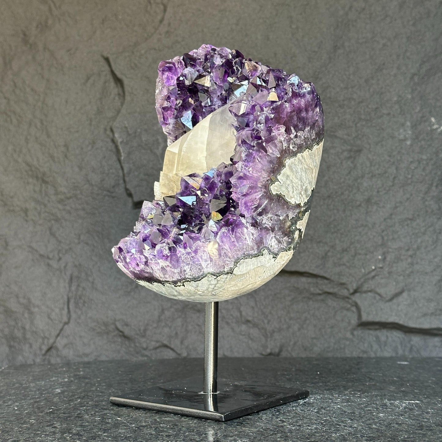 Huge and Rare Find Crystal Formations, Huge and Rare Find Crystal Formations, Amethyst Geode with large points, calcite and quartz Stone, Crystal piece with Stand
