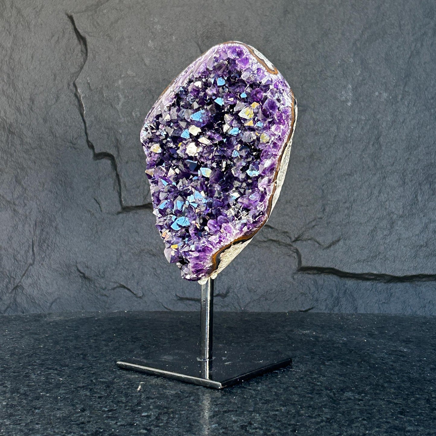 Natural Amethyst Crystal Geode, Purple Amethyst Crystal on Stand, Metallic Stand Included