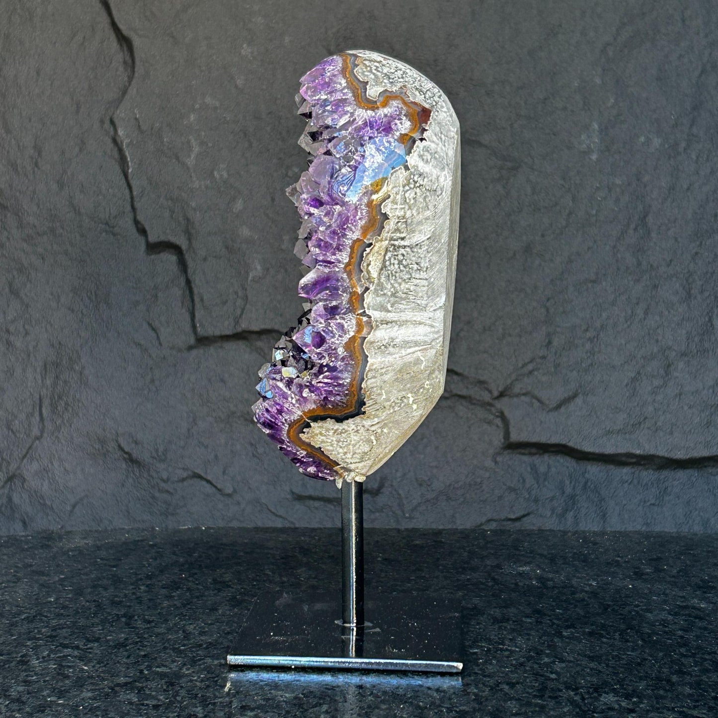 Natural Amethyst Crystal Geode, Purple Amethyst Crystal on Stand, Metallic Stand Included