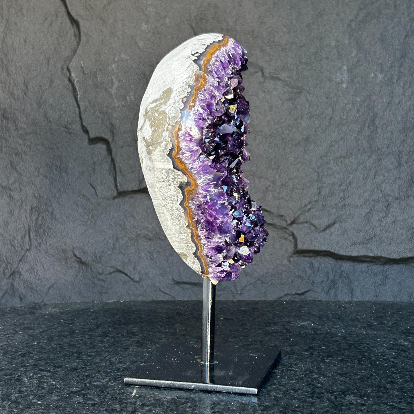 Natural Amethyst Crystal Geode, Purple Amethyst Crystal on Stand, Metallic Stand Included