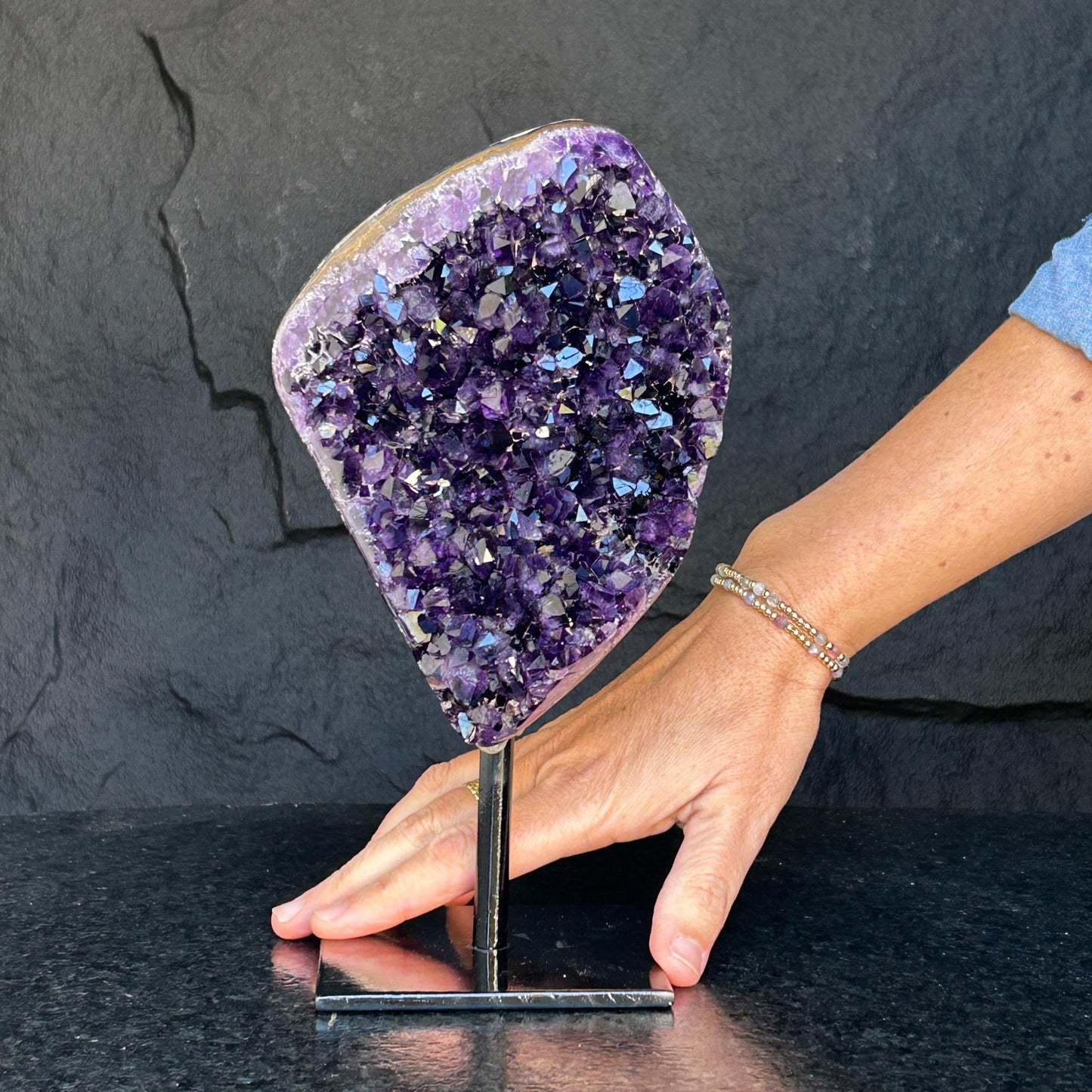 Natural Amethyst Crystal Geode, Purple Amethyst Crystal on Stand, Metallic Stand Included