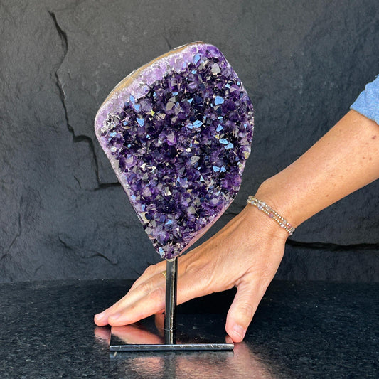 Natural Amethyst Crystal Geode, Purple Amethyst Crystal on Stand, Metallic Stand Included