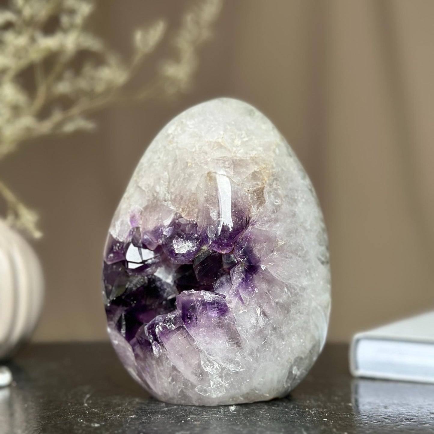 Genuine Amethyst Egg, Quartz Geode Cave, Crystal Cavern, Extra quality piece, Cut base polished specimen
