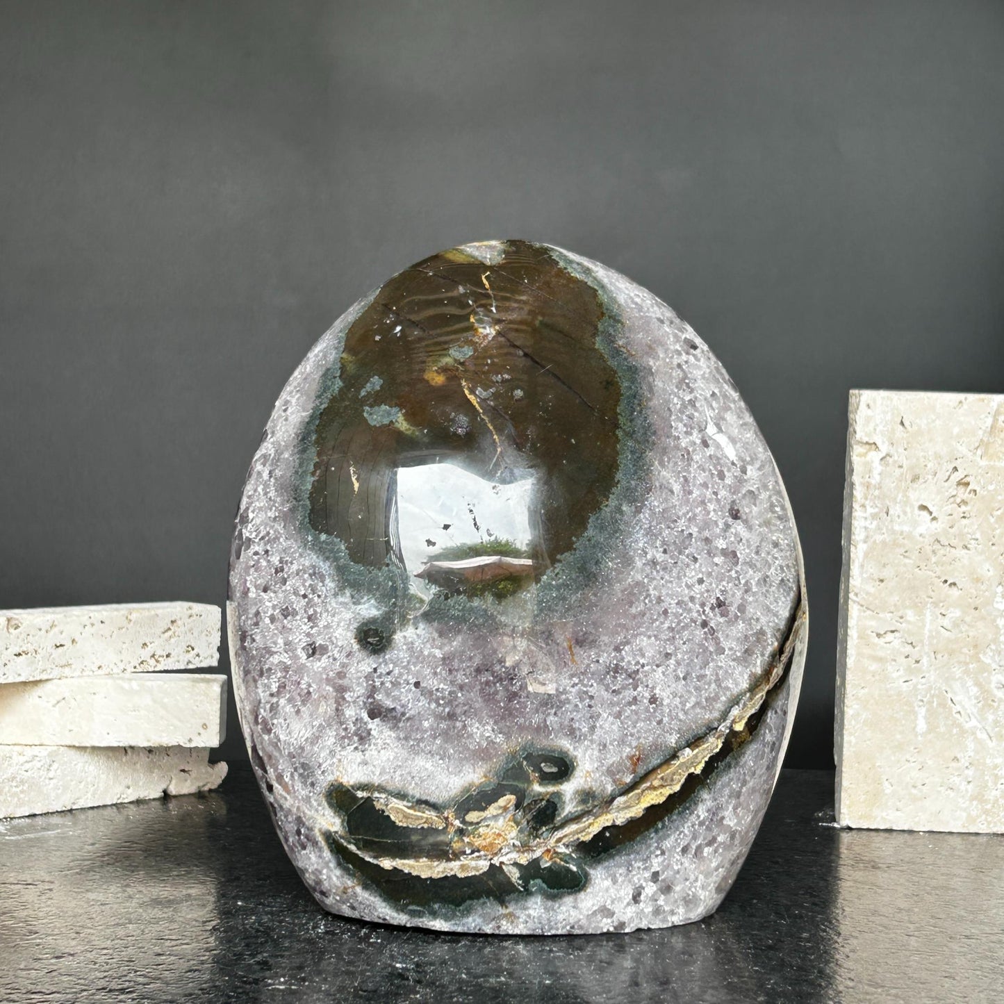 Superb Amethyst Crystal Geode with Agate formations, 7 in tall Extra Large Amethyst Cave, Oval Shaped Stone Polished at edges