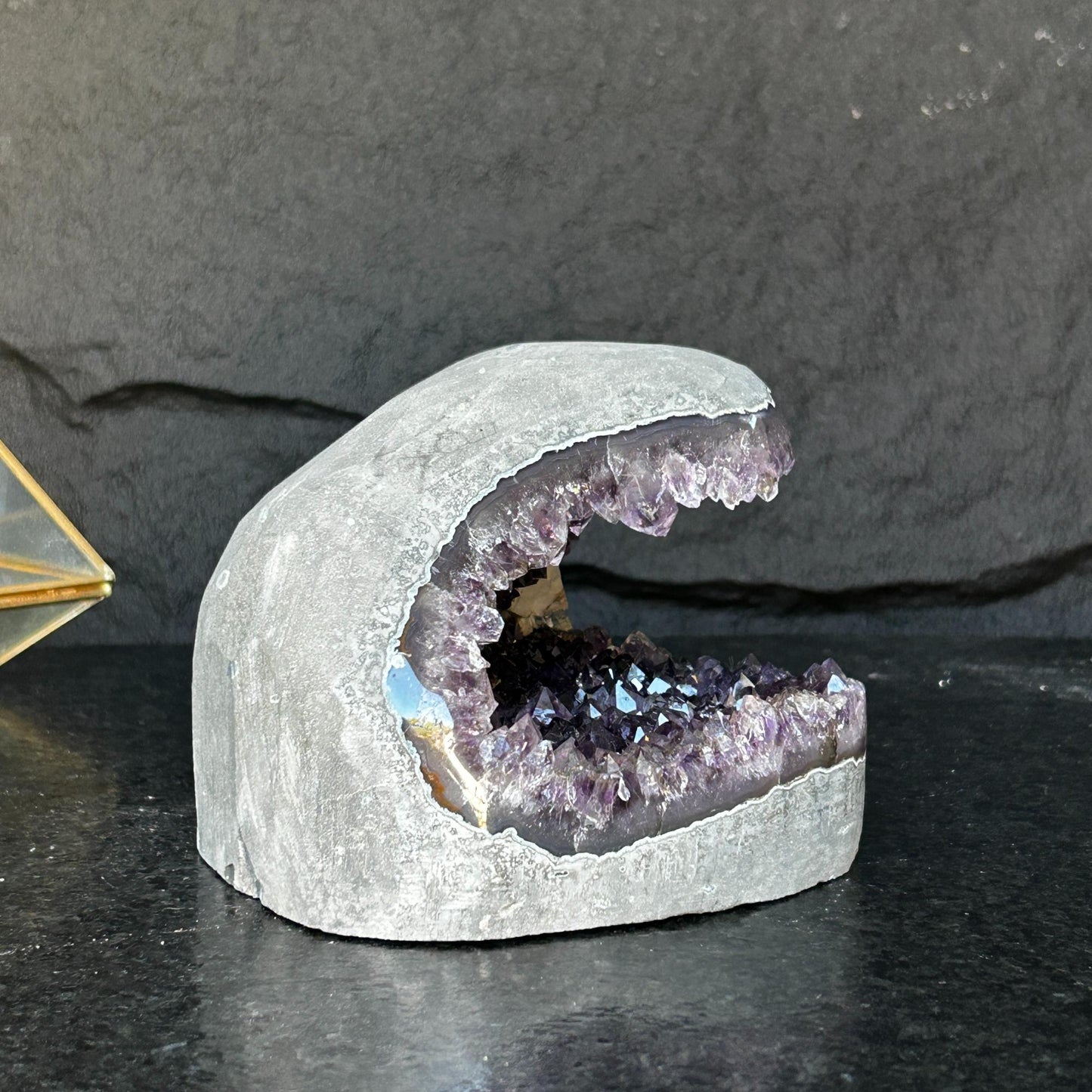 Flat Natural amethyst centerpiece, Unique geode for tabletop decor, rare find with agate formations