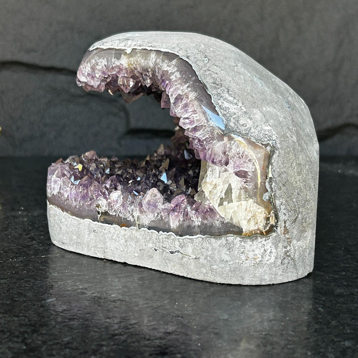 Flat Natural amethyst centerpiece, Unique geode for tabletop decor, rare find with agate formations