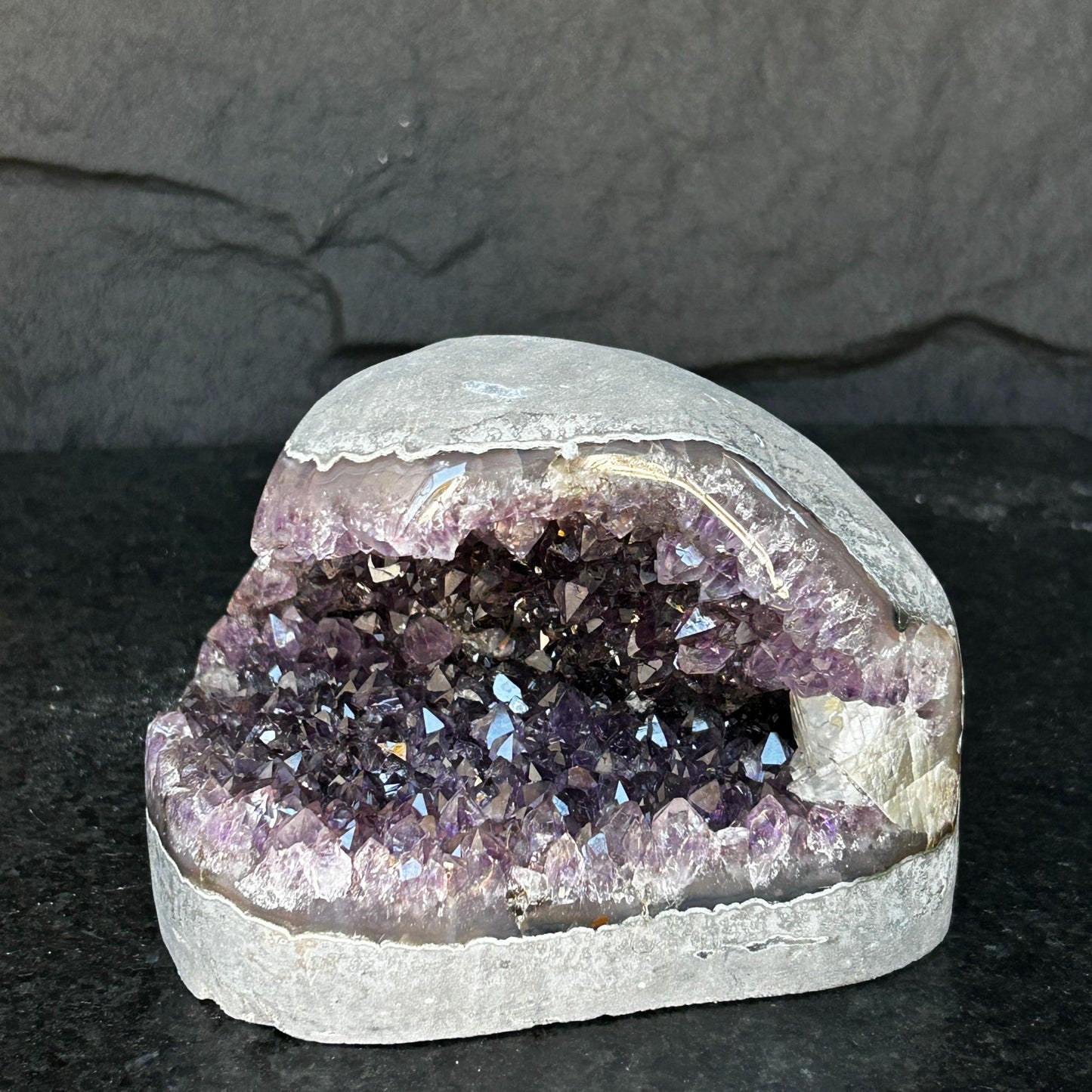 Flat Natural amethyst centerpiece, Unique geode for tabletop decor, rare find with agate formations
