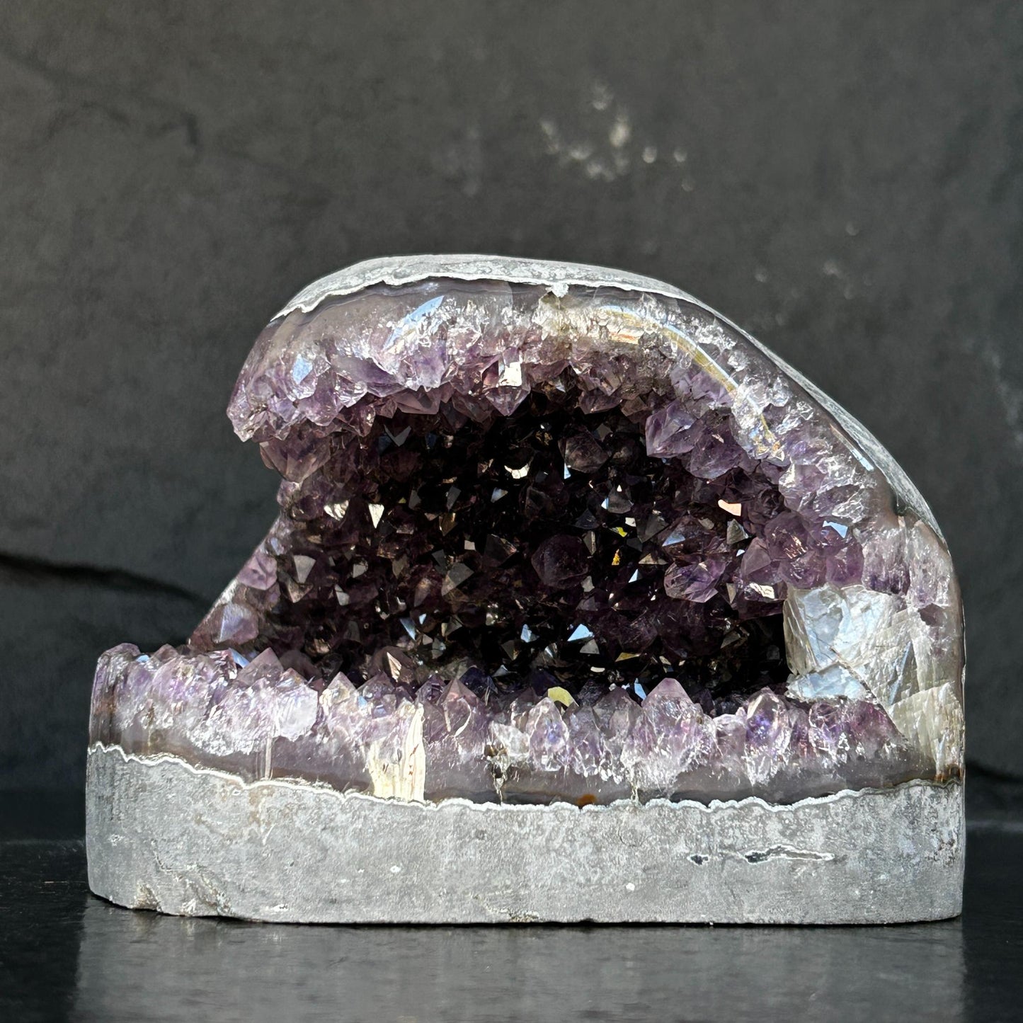 Flat Natural amethyst centerpiece, Unique geode for tabletop decor, rare find with agate formations