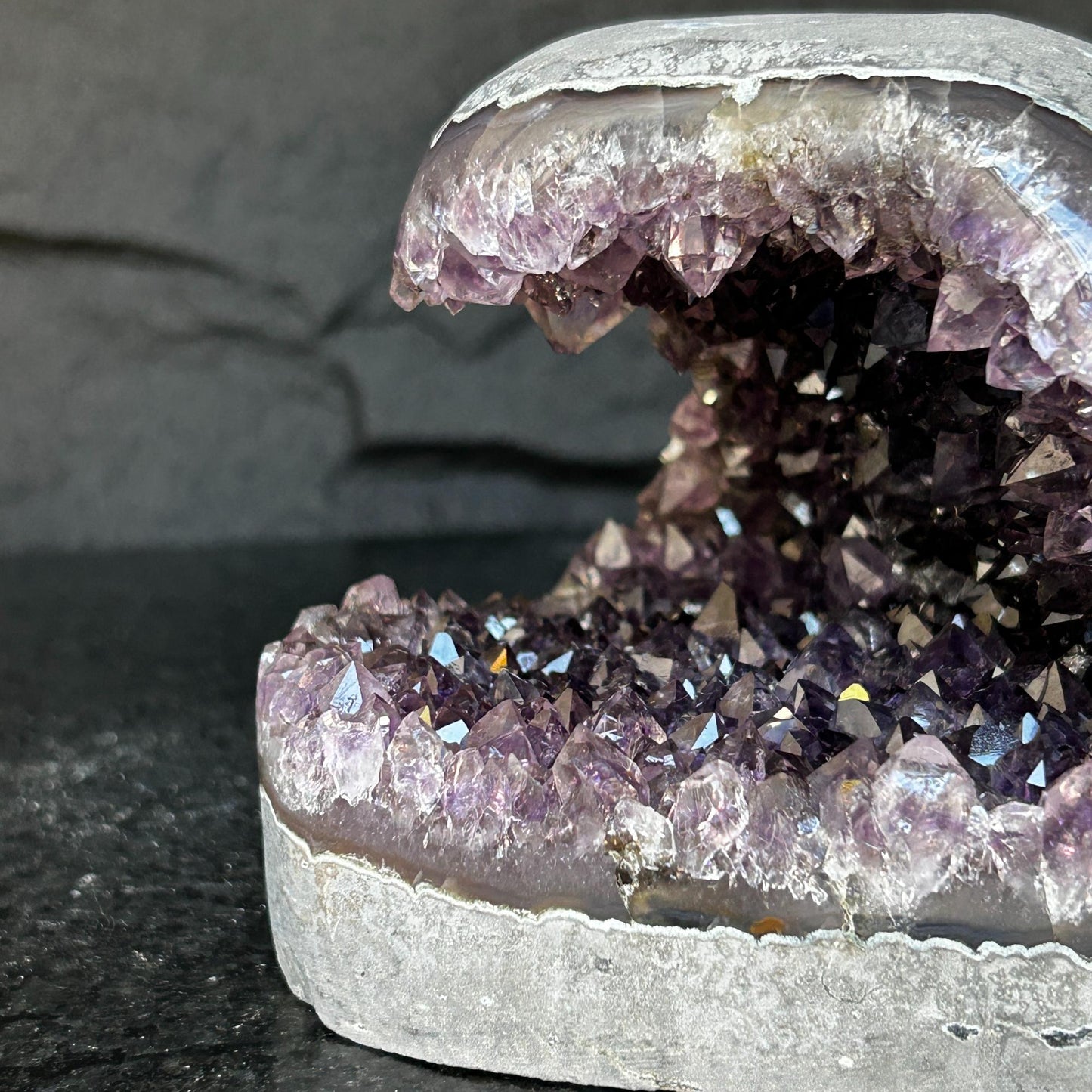 Flat Natural amethyst centerpiece, Unique geode for tabletop decor, rare find with agate formations