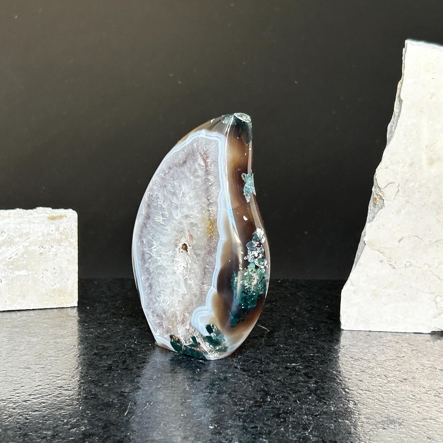 Quartz Crystal Flame, polished amethyst geode