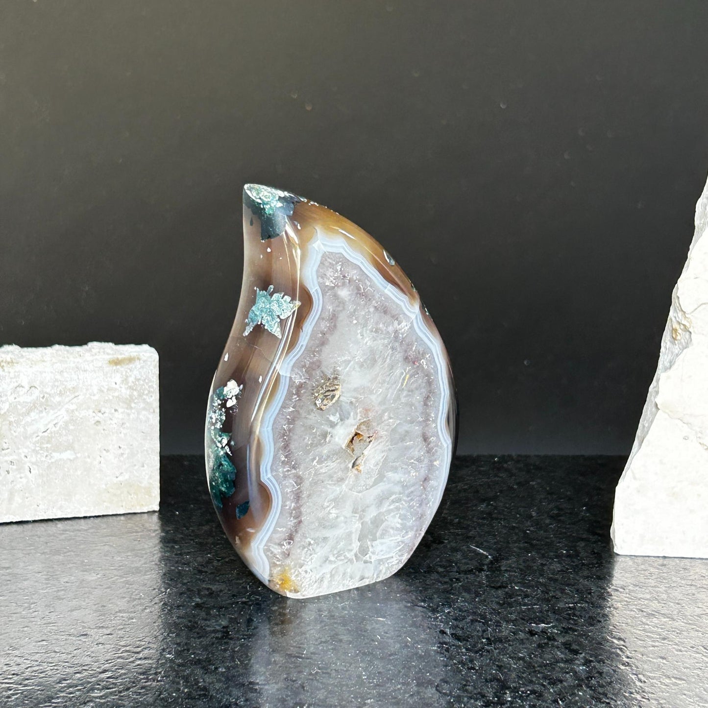 Quartz Crystal Flame, polished amethyst geode