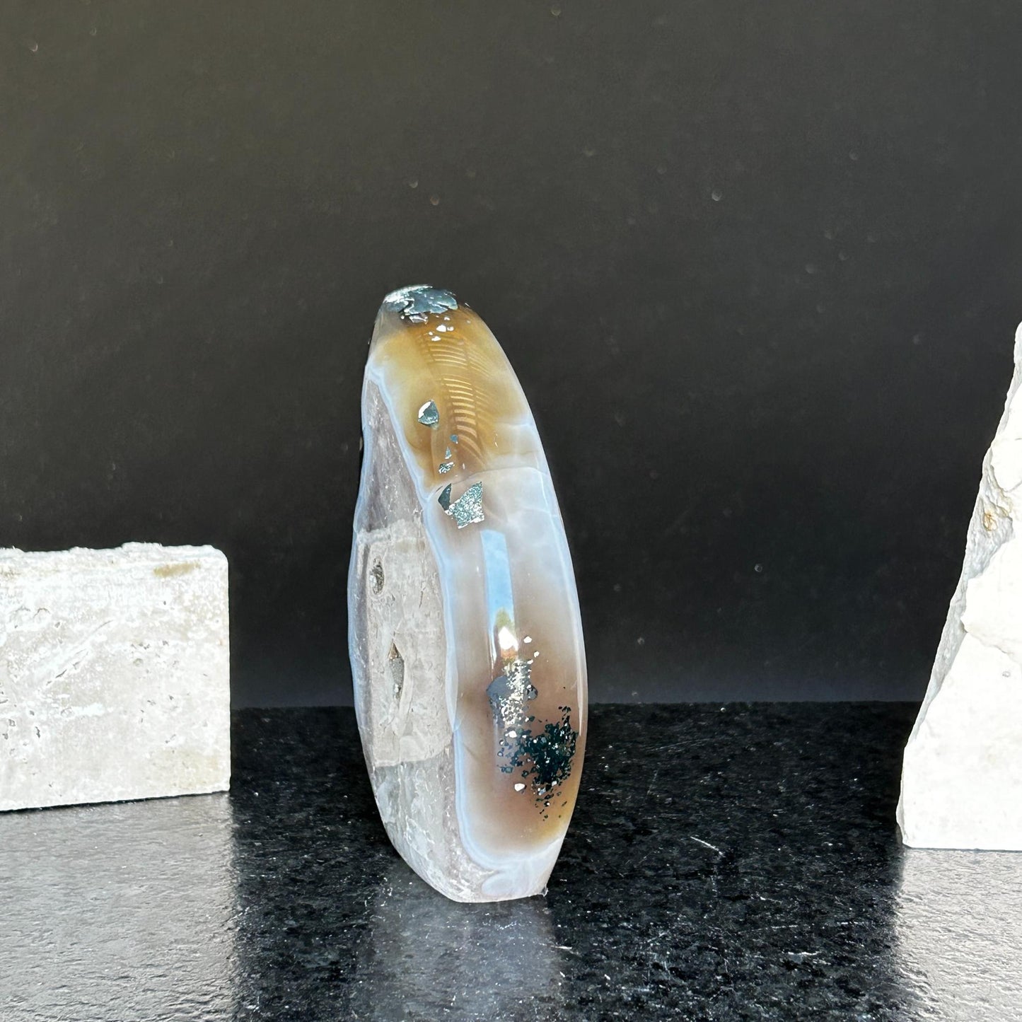 Quartz Crystal Flame, polished amethyst geode