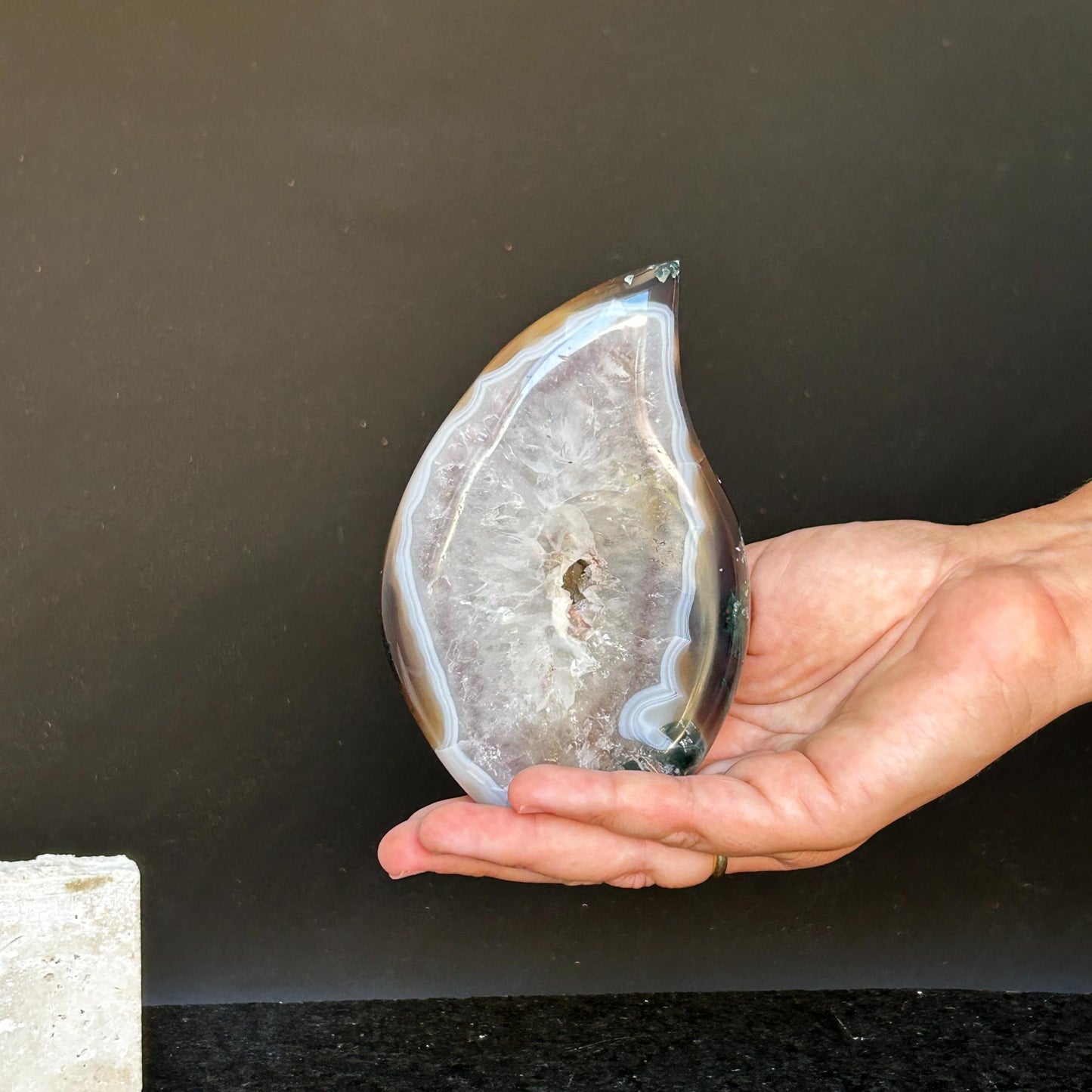 Quartz Crystal Flame, polished amethyst geode