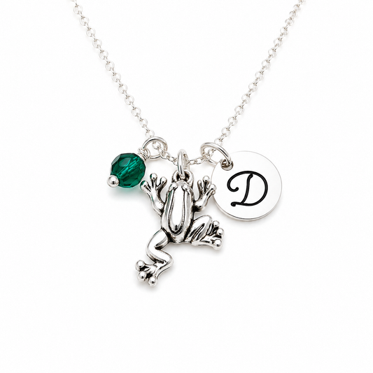 Frog Necklace – Sterling Silver with Birthstone & Initial Charm