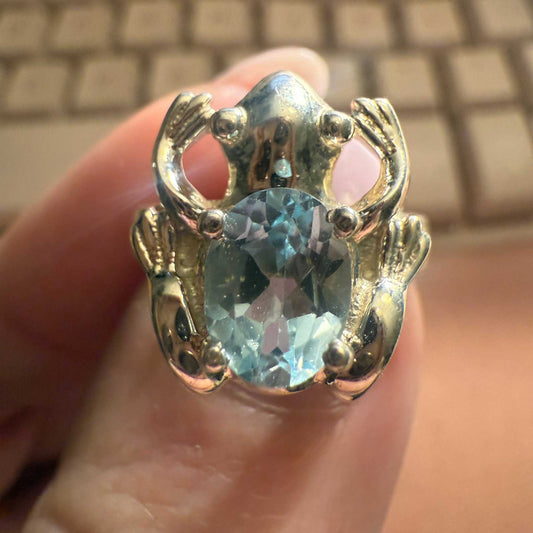 Frog Guardian Blue Topaz Ring in Sterling Silver (Size 5)