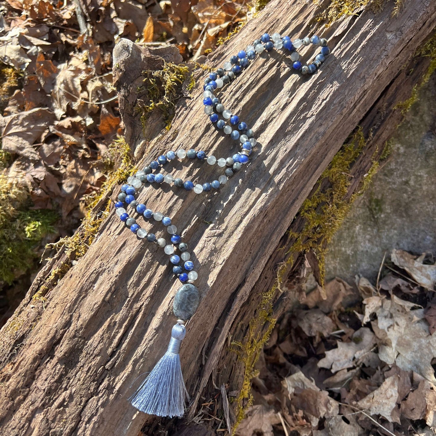 Emotional Balance Meditation Mala – 108 Beads of Sodalite & Larvikite