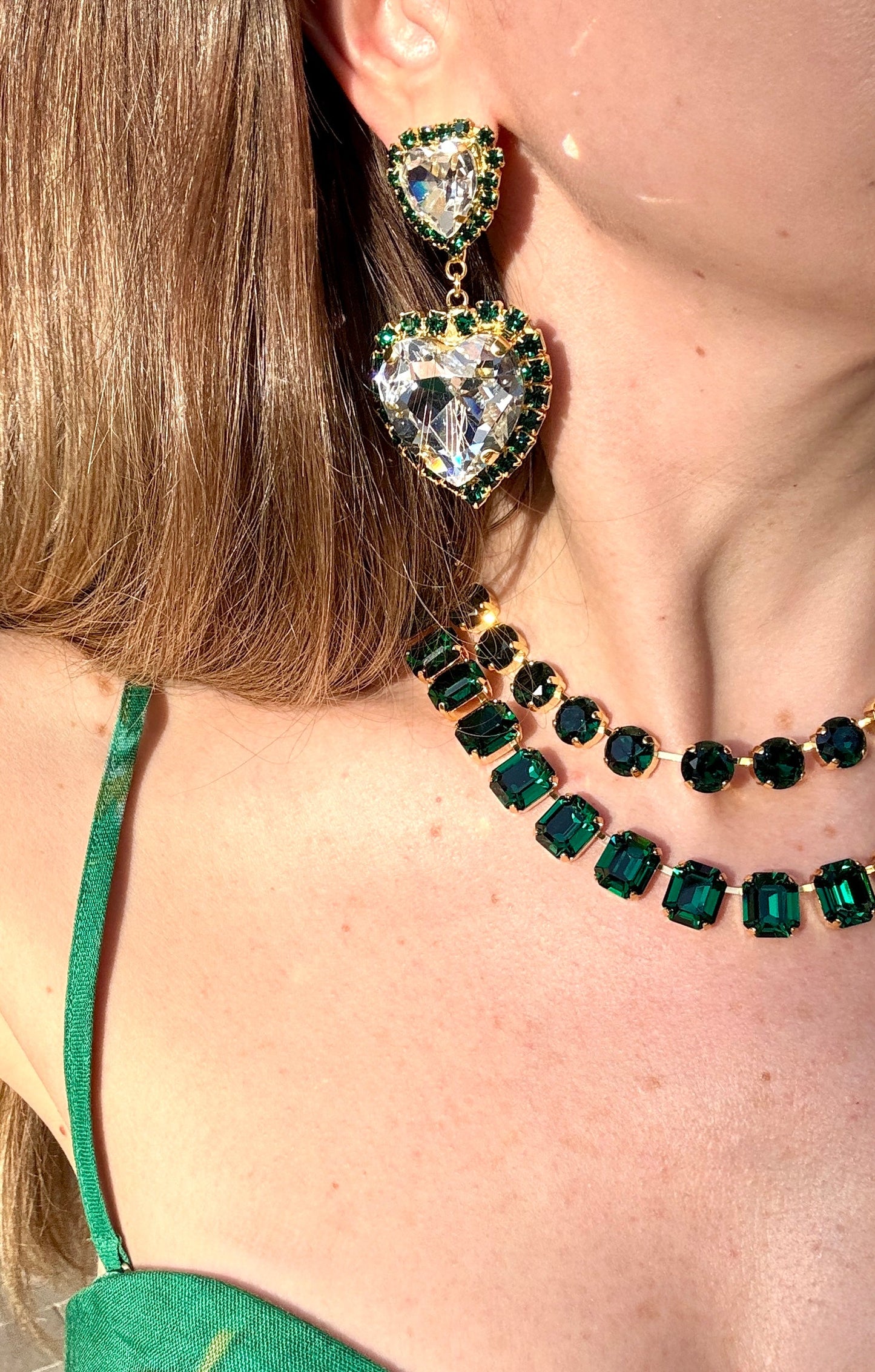 Isabella Double Emerald Heart Earrings