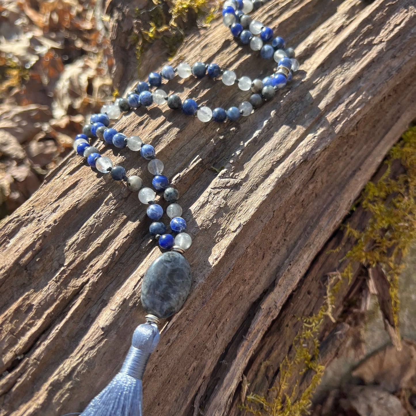 Emotional Balance Meditation Mala – 108 Beads of Sodalite & Larvikite