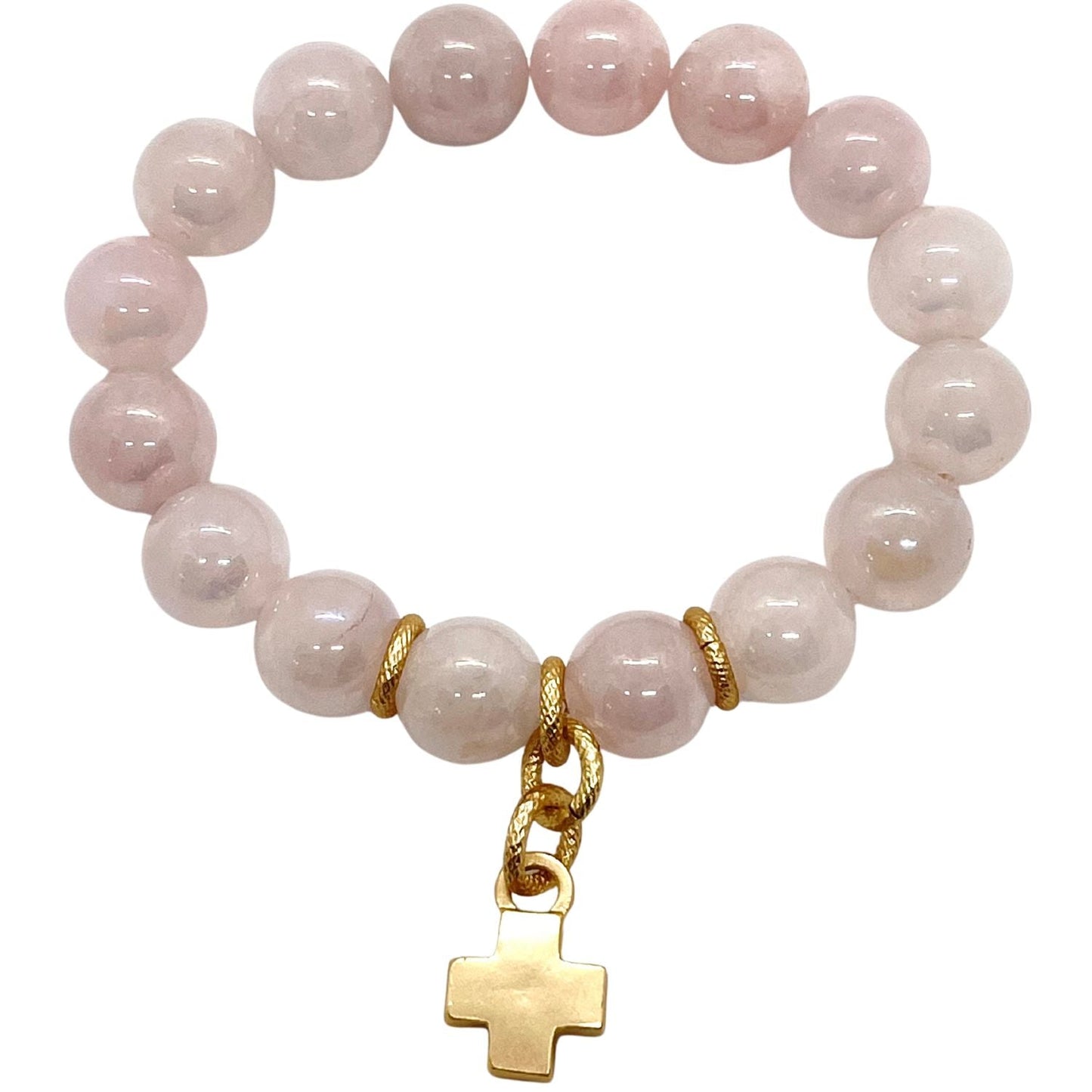 Glazed Rose Quartz Bracelet With Matte Gold Cross Charm