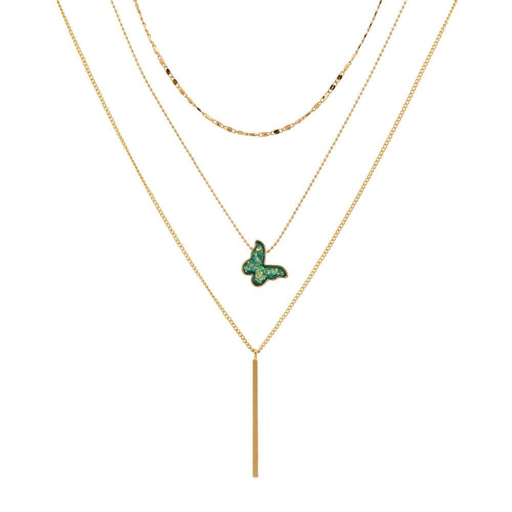 Layer Necklace with Druzy Stone Butterfly Pendant
