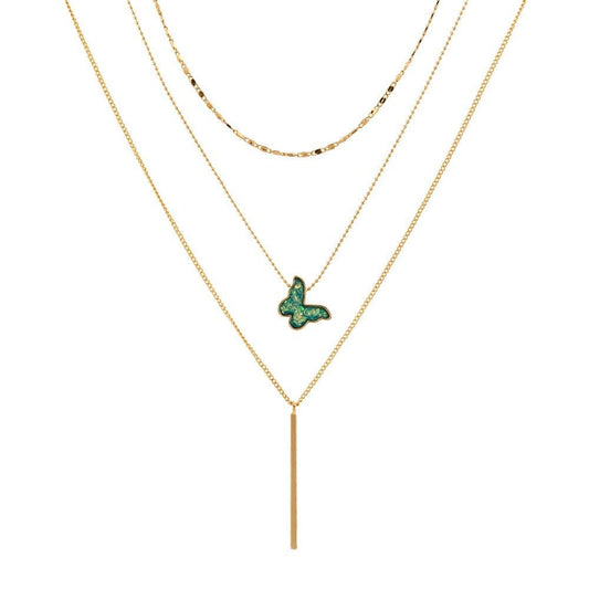 Layer Necklace with Druzy Stone Butterfly Pendant