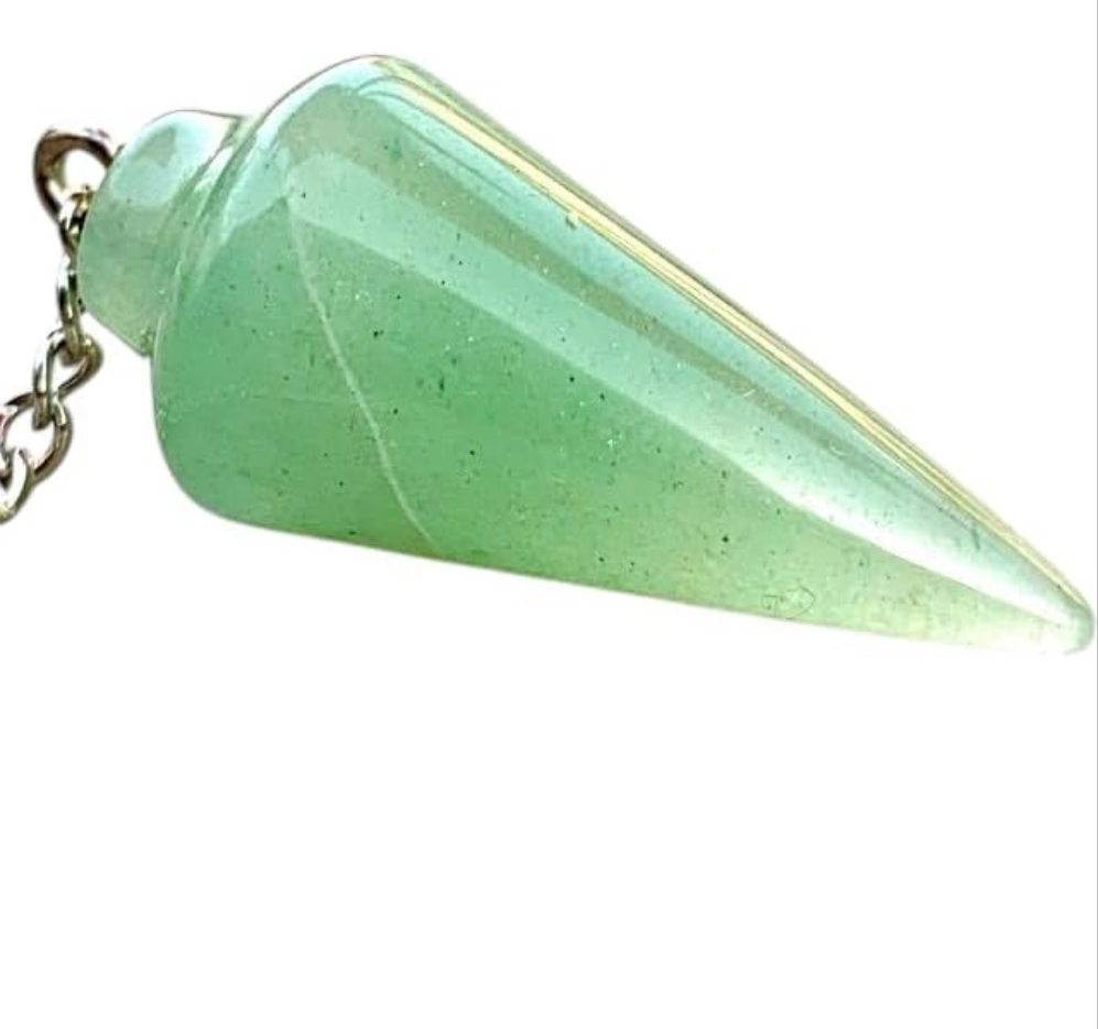 Handmade Natural Gemstone Smooth Conical Crystal Pendulum with Charm, Free Chain, Reiki Meditation Dowsing Tool (Green Aventurine)